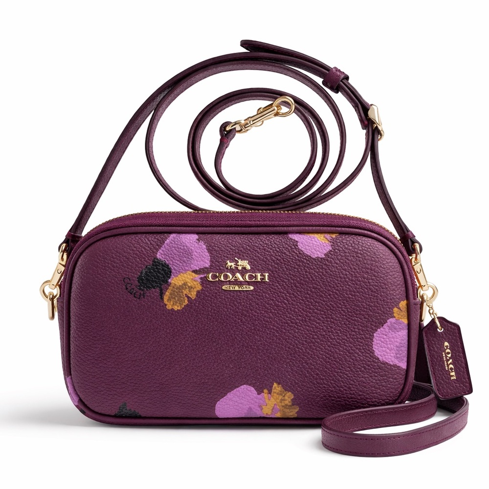 Coach Plum Floral Leather Crossbody with Gold Hardware